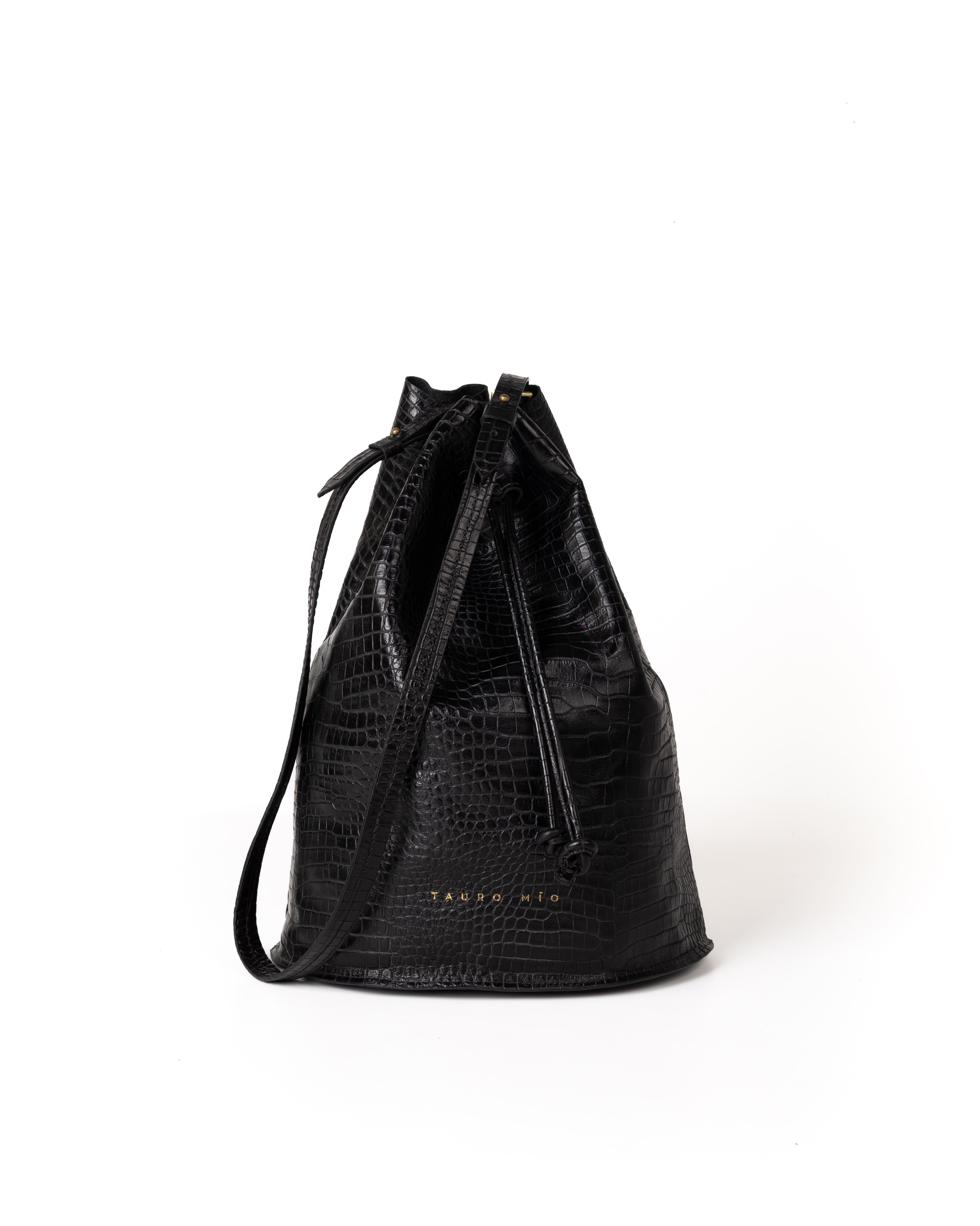 Bolso Bucket Bag Piel Estampado Aligator Negro