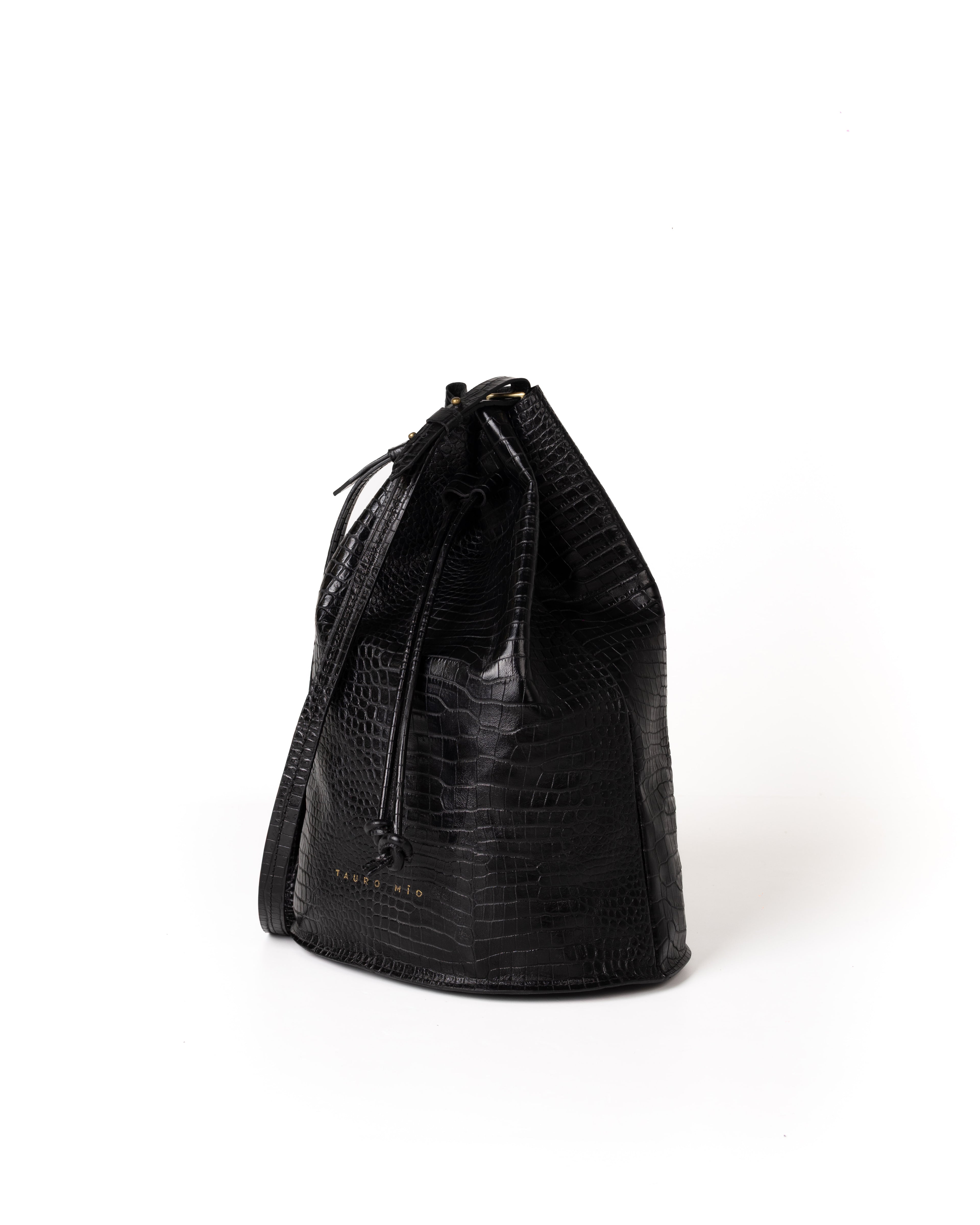 Bolso Bucket Bag Piel Estampado Aligator Negro