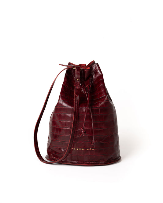 Bolso Bucket Bag Piel Estampado Coco Burdeos Minimal Edition