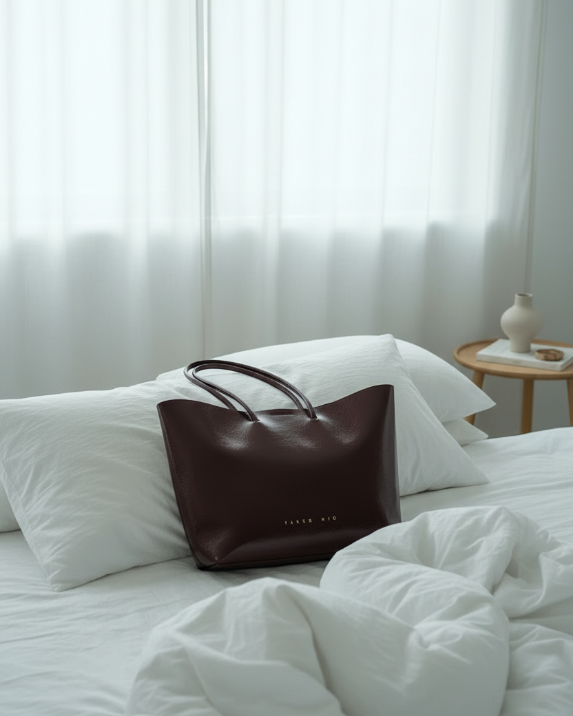 Charol Vino — Bolsa recargada, cama desordenada, ángulo dinámico