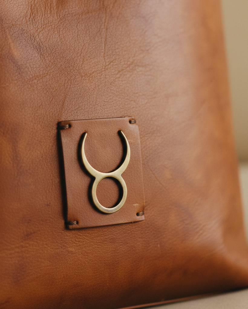 Close-up detalle logo brass en piel cognac — TAUROMÍO Square Bag Curry