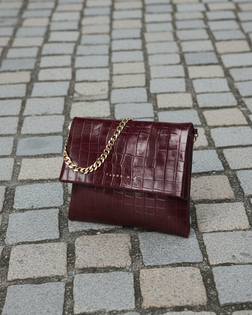 Coco Clutch Burdeos — Flat Lay Cadena Exacta