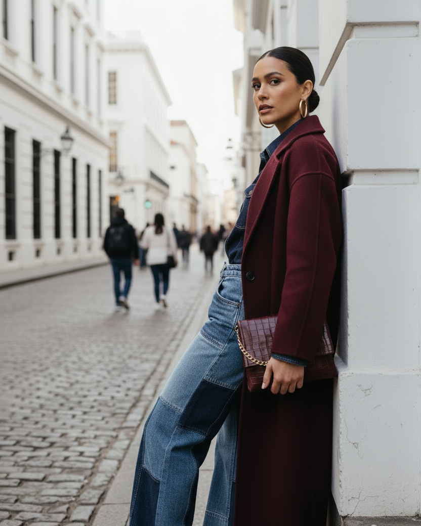 Coco Clutch Burdeos — Mano agarrando la bolsa