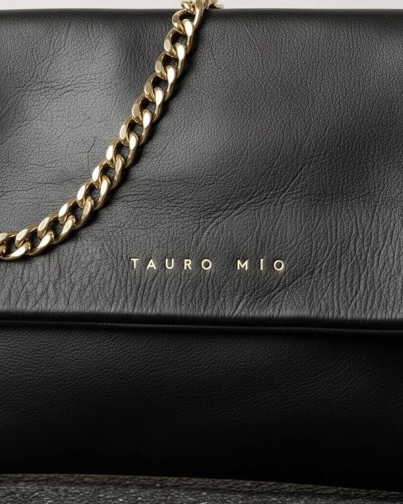 Coco Clutch Negra - Detalle logo y textura
