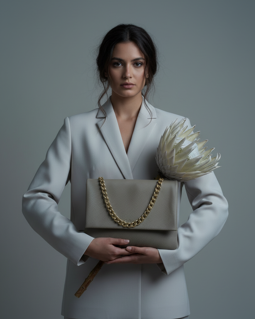 Coco Clutch Taupe - Bolsa al frente, brazo extendido, Protea detrás