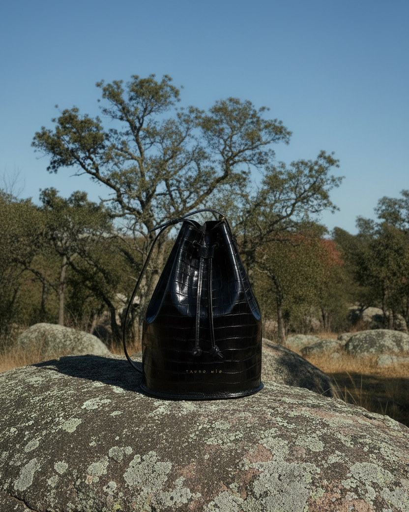 Flat lay Bucket Bag Coco Negro sobre piedra