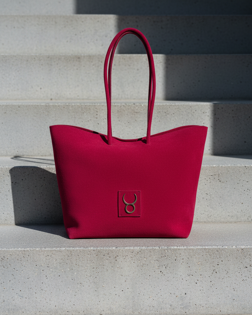 Gamuza Fucsia Tote — Frontal exacto, cemento