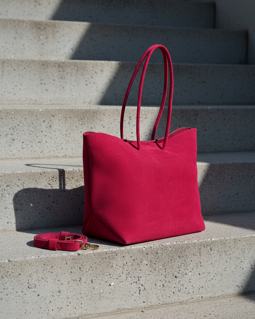 Gamuza Fucsia Tote — Tres cuartos + correa, cemento