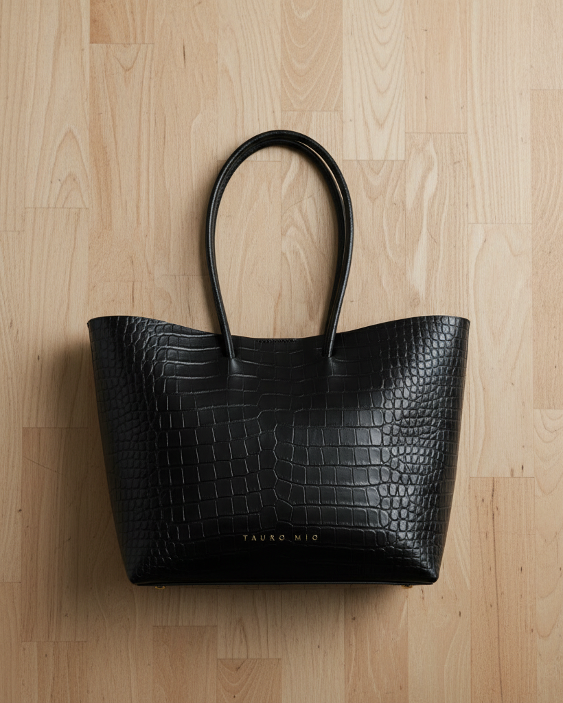 Half Tote Aligator Negro — Flat Lay madera raw