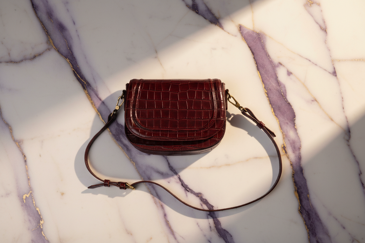 Jessi Crossbody Coco Burdeos - Flat Lay Mármol Calacatta Viola