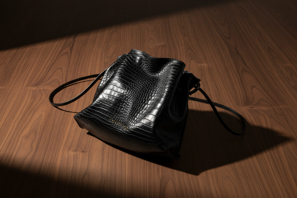 Bolso Antonia Aligator Negro - Flat Lay Madera