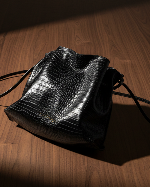 Bolso Antonia Aligator Negro - Flat Lay Madera