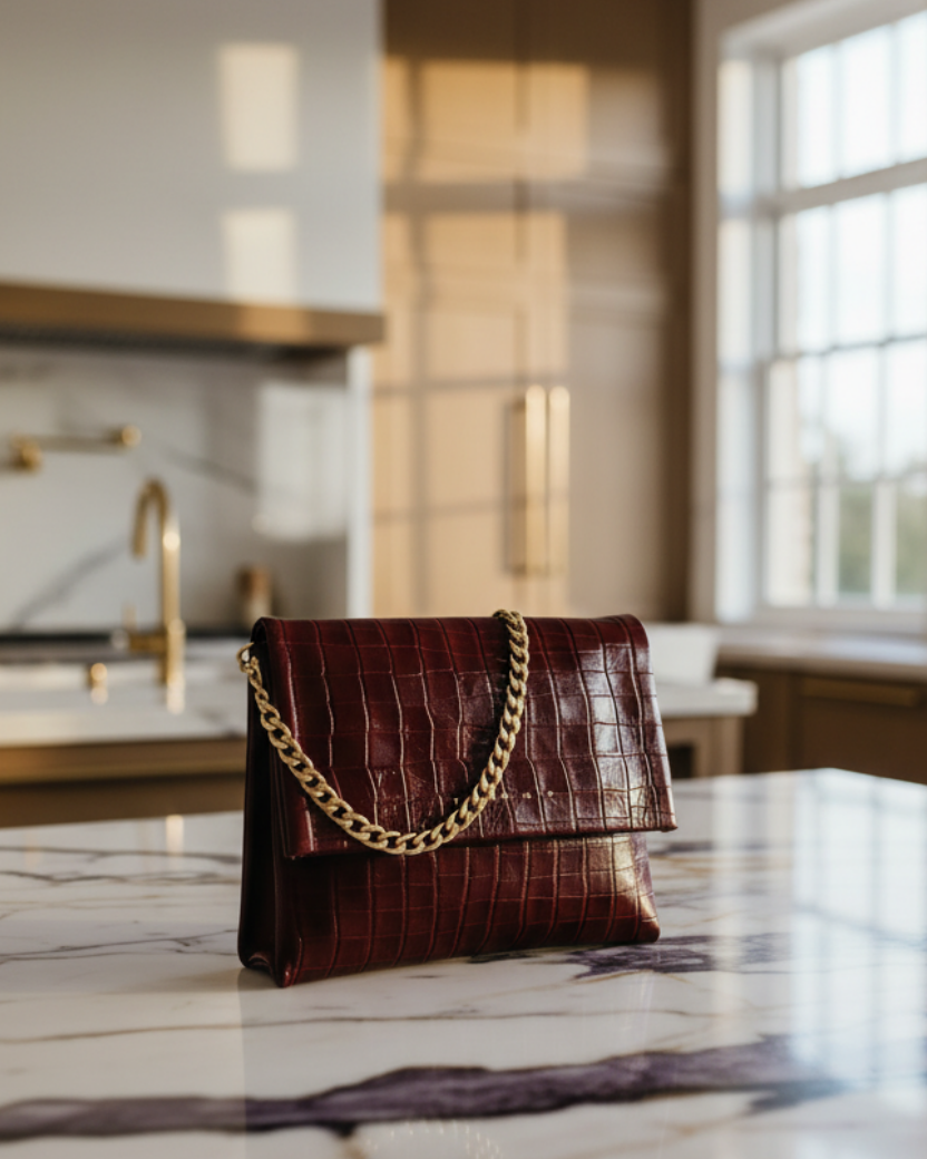 Coco Clutch Burdeos - Flat Lay Mármol Calacatta Viola