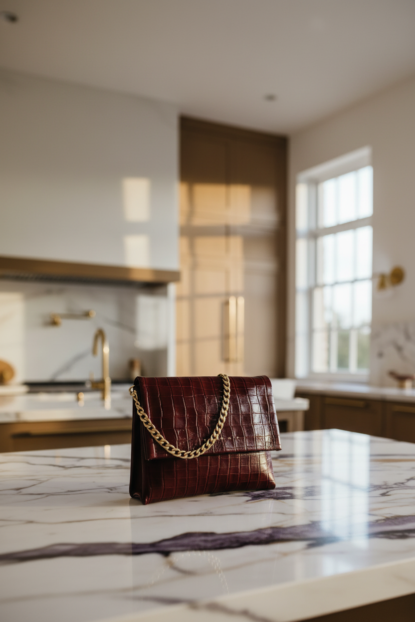 Coco Clutch Burdeos - Flat Lay Mármol Calacatta Viola