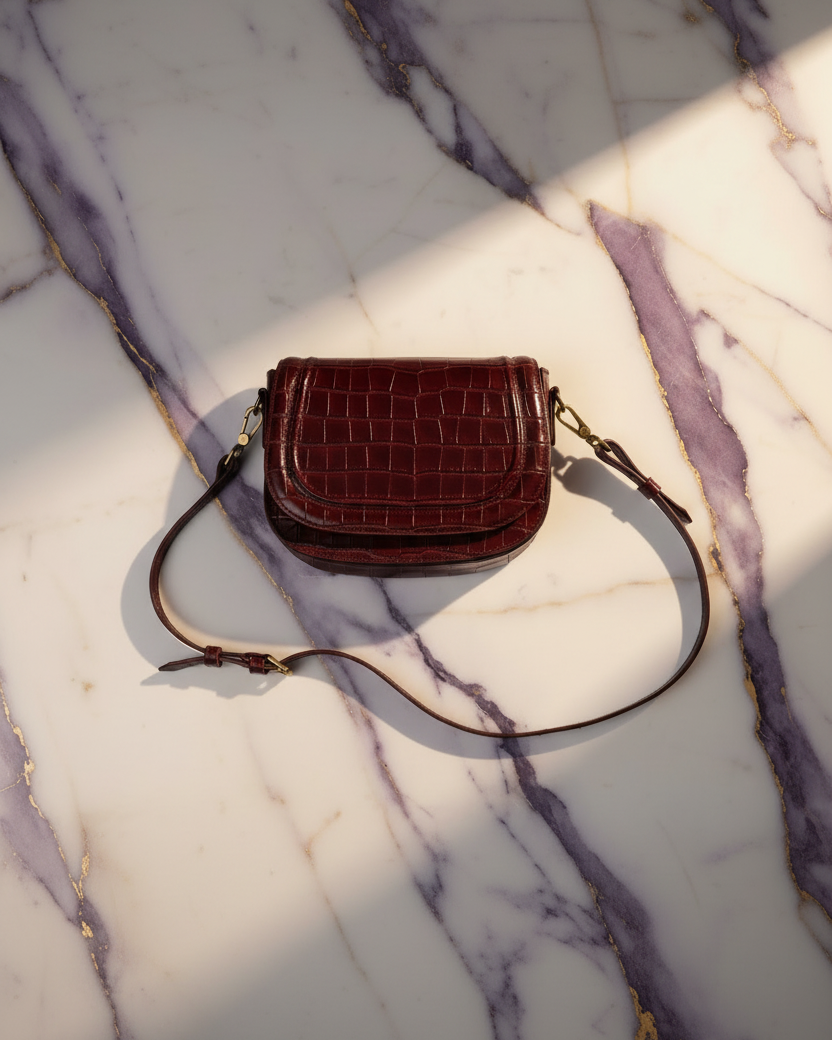 Jessie Crossbody Coco Burdeos - Flat Lay Mármol Calacatta Viola
