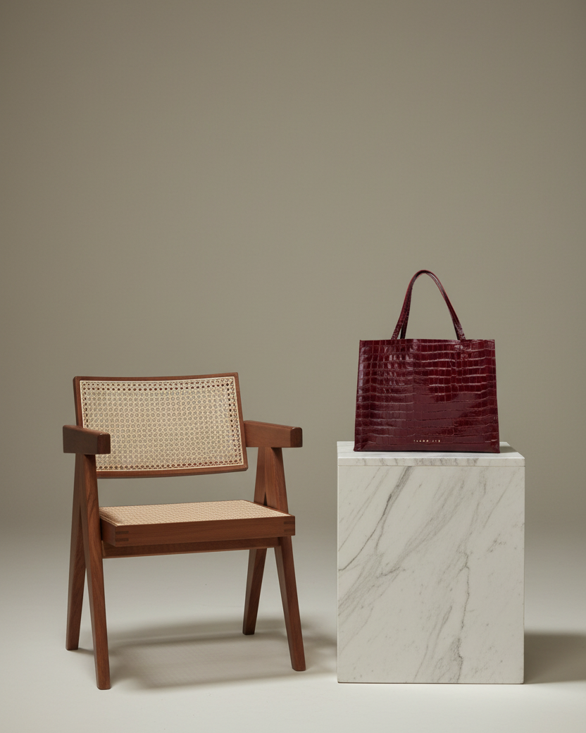 Rose Tote Coco Burdeos - Silla Chandigarh y Mesa Mármol Fondo Greige