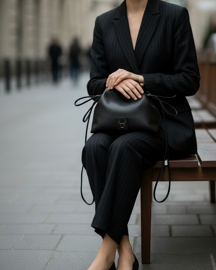 Lifestyle Antonia Negro Piel - Posición frontal con bolsa en regazo