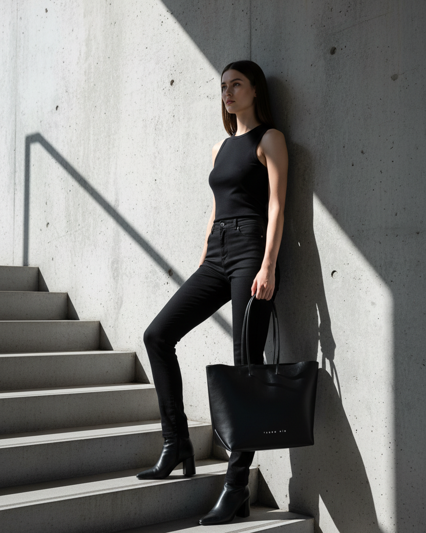 Piel Mate Negro — Lifestyle modelo, escalera cemento