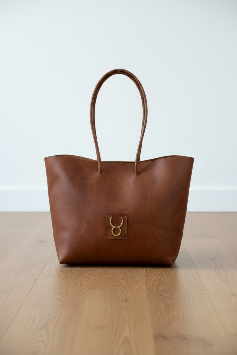 Rose Tote caoba — Frente, piso madera, luz overcast