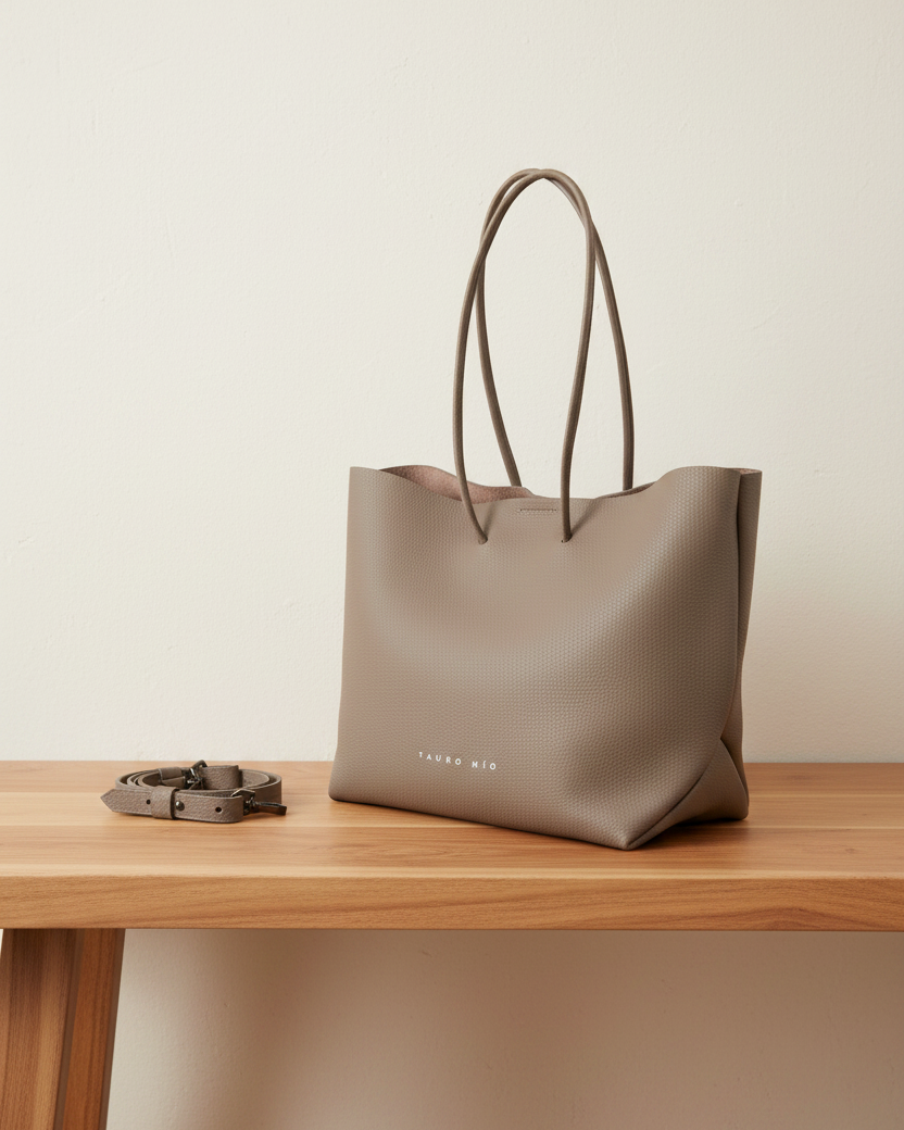 Taupe + correa — Foto exacta, mesa madera