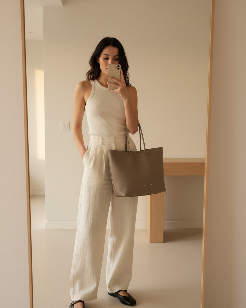 Taupe — Mirror selfie, caída natural, escenario cálido