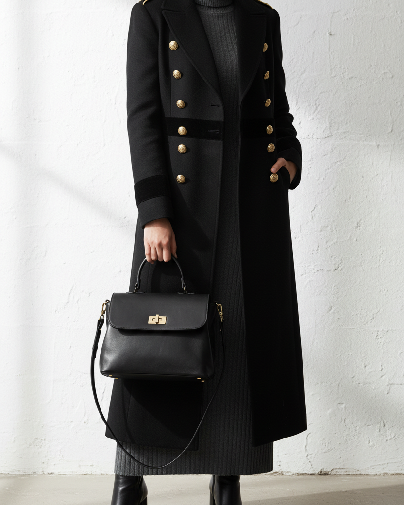Top Handle Piel Negro — Look militar negro editorial