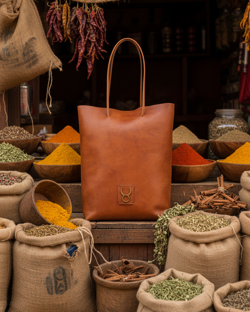 Tote cognac - puesto de especias, costales desarreglados