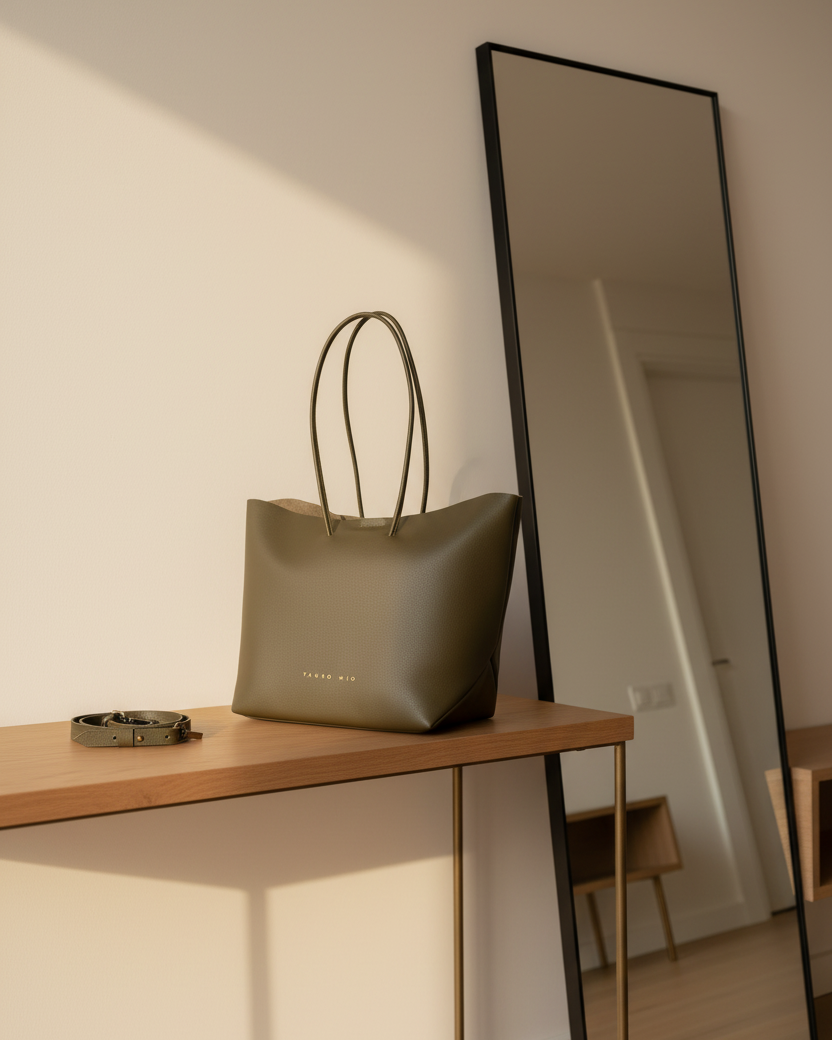 Verde olivo + correa — Mueble mirror selfie
