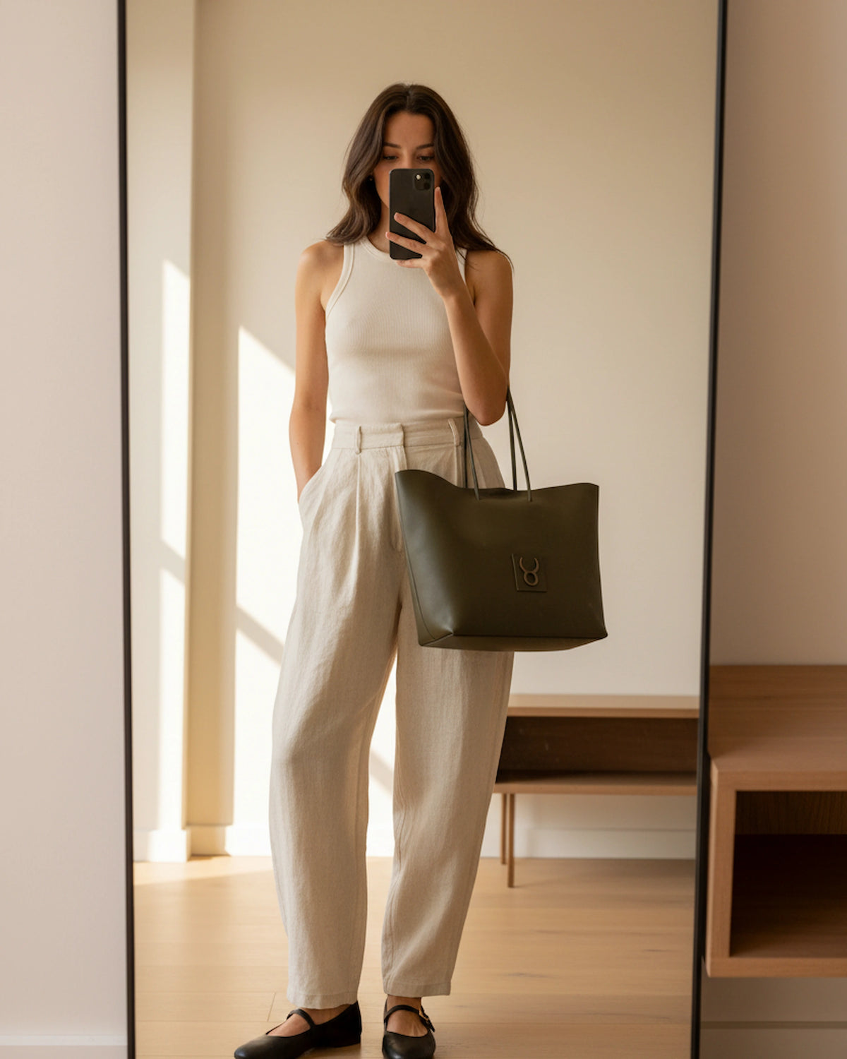 Women's Half Tote Olive Green Leather Bag TAUROMIO