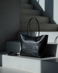 TAUROMIO Women's Black Alligator Print Leather Half Tote Bag